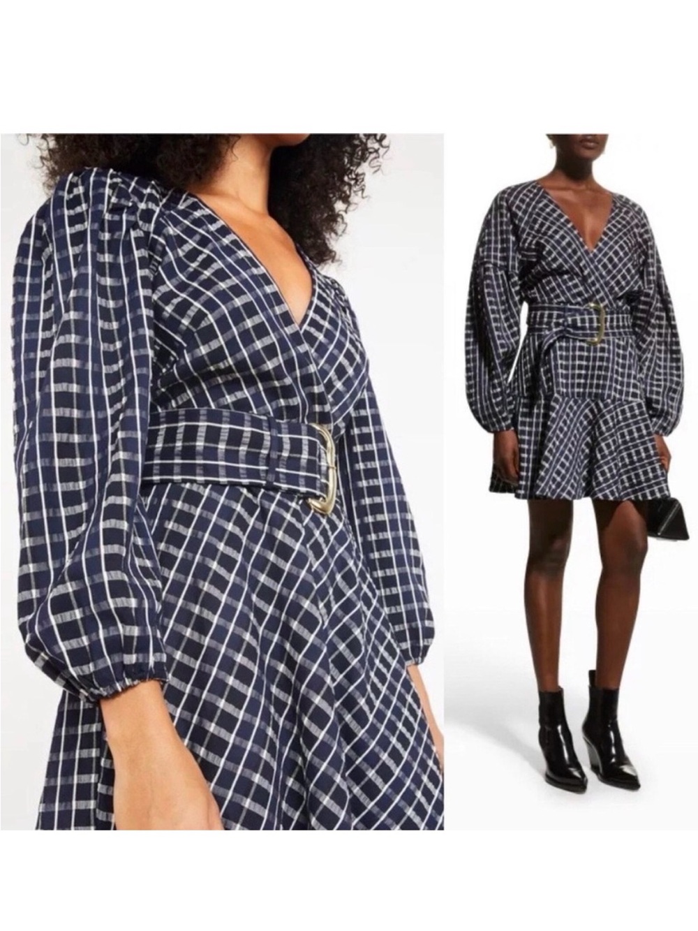 Tanya Taylor Navy and White Windowpane Midi Dress